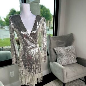 [Fashion Nova] Silver Sequined Mini Wrap Front Dress with Fringe